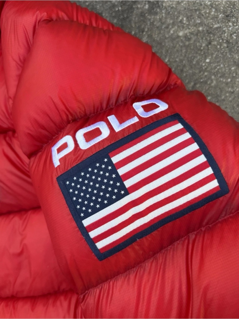 Polo Ralph Lauren USA Flag Down Puffer Jacket Red Hooded Mens M G2U